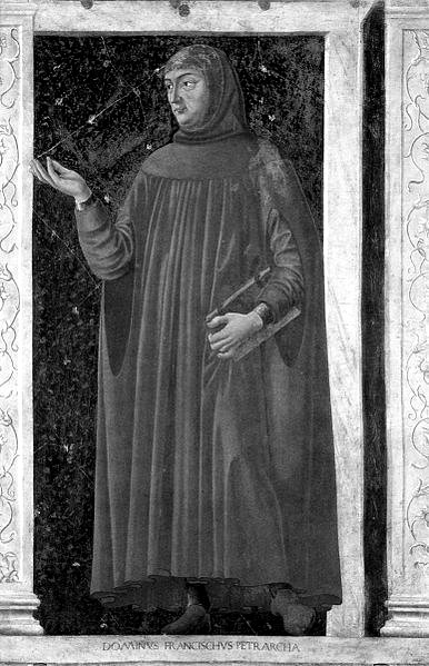 Petrarca, Ausschnitt eines Freskos von Andrea di Bartolo di Bargilla (um 1450)